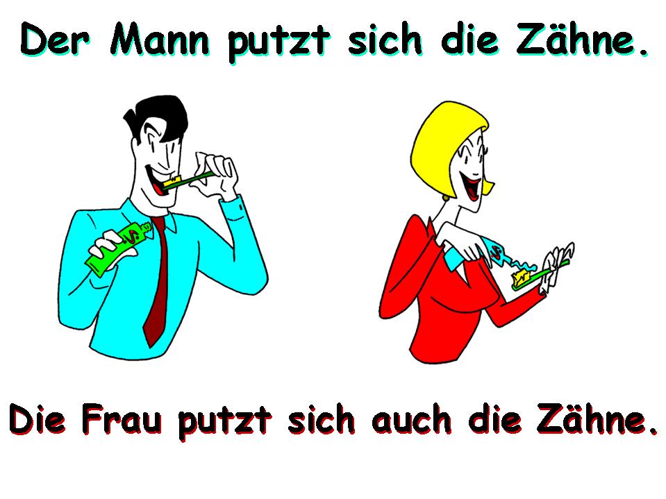 The man brushes his teeth.     The woman is brushing her teeth also.